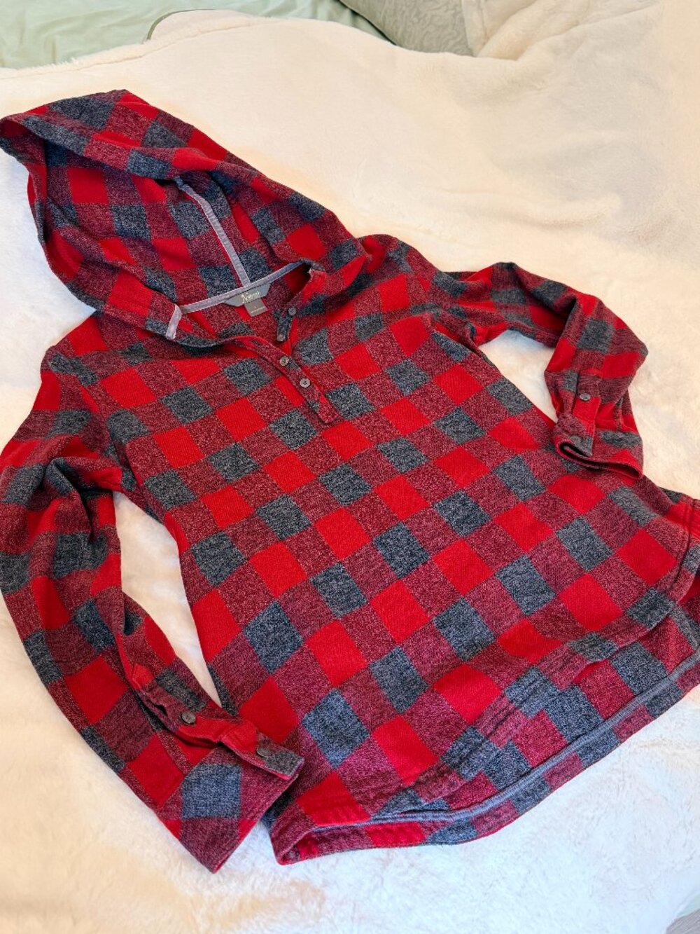 Cozy and Rustic Natural Reflections Red Grey Buffalo Plaid Cotton Hoodie Large
